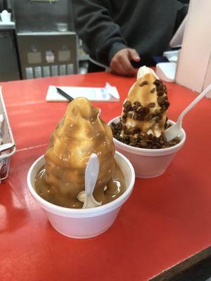 Peanut butter sundae and turtle sundae