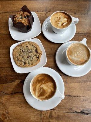 Cappuccino, Chocolate Chip Cookie & Blueberry Muffin.