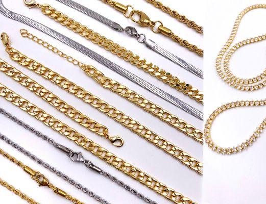 Pre made necklaces for your jewelry business. Stainless steel, 18 karat gold plated