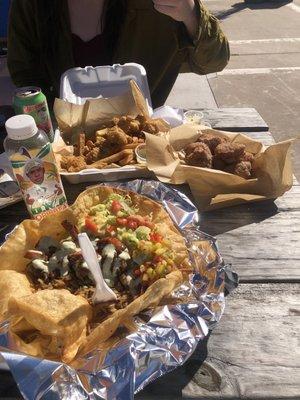 Fish & chips, jerk shrimp bowl, banana fritters, tropical passion fruit drink