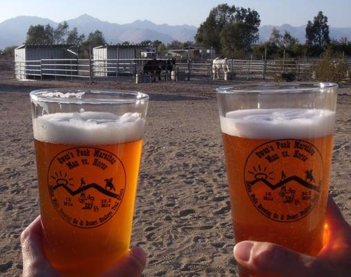 The well deserved Indian Wells Brewing Company beer after the tough finish or our first marathon (on equine back) 2013