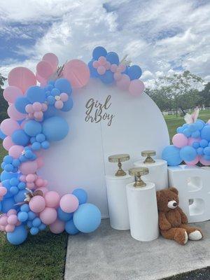 White Round Wood Backdrop with custom signage