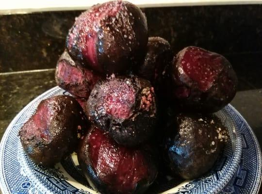 Hay Wagon roasted beets: olive oil and kosher salt, with skin on.  Best ever!