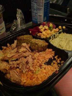 Super savory and seemingly healthy chicken shawarma/falafel plate. We had beets, corn, and cucumber salad with a big scoop of basil hummus!