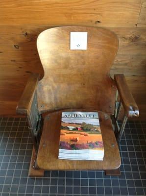 This gallery use to be a silent movie theatre in Bakersville.  And this is an authentic chair from the old theatre.