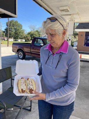 Happy customer with All Beef Slaw Dogs