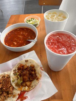 Chorizo and potato taco, chorizo and egg taco, watermelon agua fresca, pineapple agua fresca, menudo