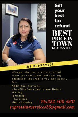 Get your taxes done correctly, get your best tax refund and for the best price in town!