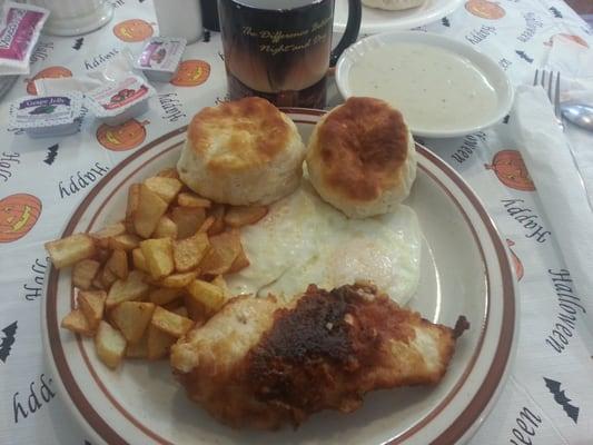 Fried Chicken, eggs, home fries, biscuits and gravy