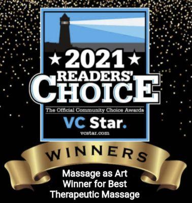 Massage as Art is the proud winner of the 2021 Readers Choice award for Best Therapeutic Massage in Ventura county.