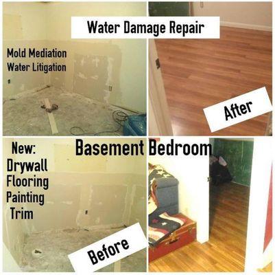 Full remodel of basement after water damage mold mediation and water litigation drywall flooring paint and trim