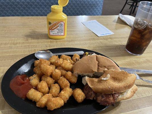 Snoked Sausage sandwich & tater tots- YUMMY!