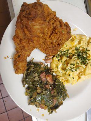 Fried Chicken collard greens and nola's best mac and cheese