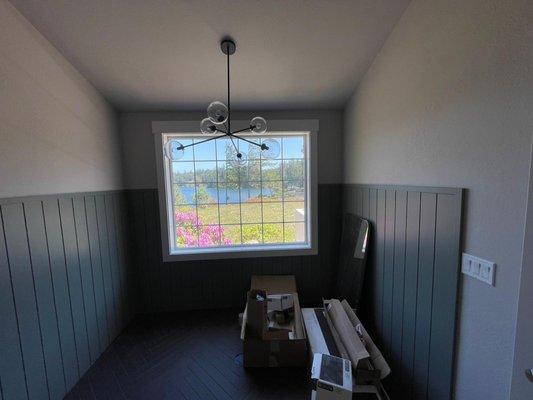 After photo , panels were painted, walls and ceiling were painted, upper lamp was added and installed and centered with window