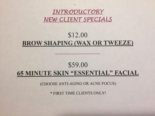 New Client Specials! $12 Brow Wax $59 Skin Essential 65 min Facial ($80 value)