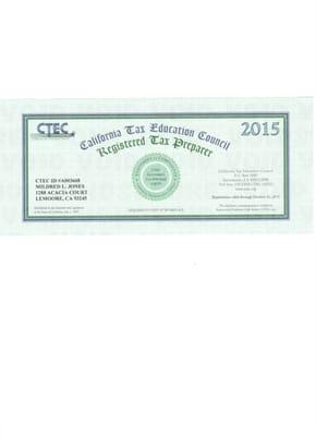 The state issued registered tax preparer certificate.