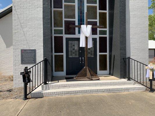 Front of sanctuary, crosses for drive thru prayer