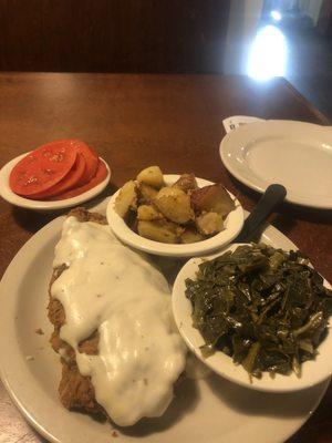 my meal...chk'fried steak, collards, and red roasted potatoes.