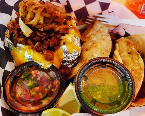 Grilled potato with carne asada, salsa, pico de gallo, grilled onions and tortillas!