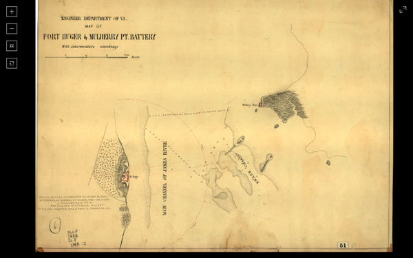 Taken for the Library of Congress this map is dated 1863. Showing Fort Huger on the James River in Reference to Fort Crafford.