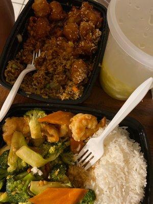 C12. Sesame Chicken Combo Platter F15. Shrimp Broccoli Special and 19. Mixed Wonton Egg Drop Soup