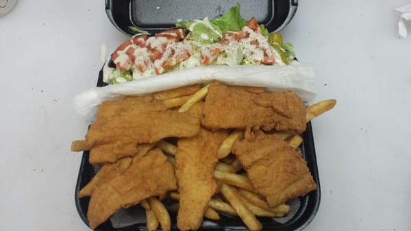 Fish and chips . Salad , french fries and tartar sauce on the side. ..