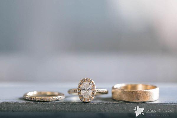 Custom engagement ring and wedding bands, made from a combination of heirloom family jewelry and ethically sourced diamonds.