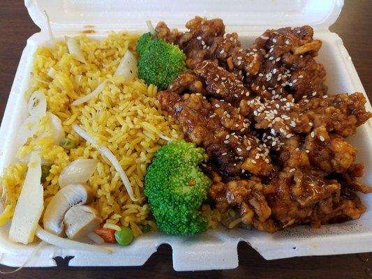 sesame beef with vegetable fried rice