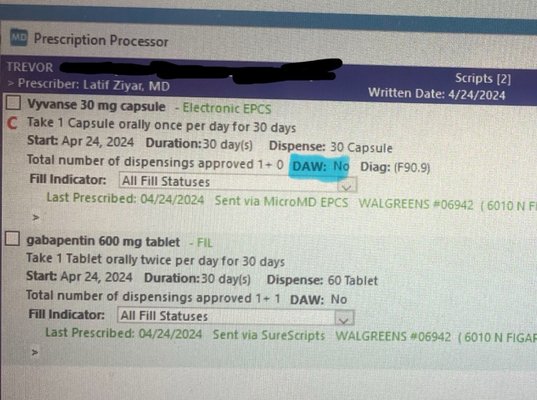 Latif Ziyar's "proof" he filled the prescription "correctly" The highlighted value must be changed from no to yes for this to be correct