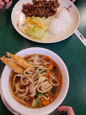 Shrimp & vegetable udon plus pork teriyaki.