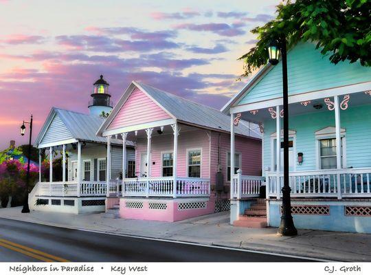 The architecture in the Florida Keys often features colorful, charming, and quirky designs. They are distinctive Conch-style houses.