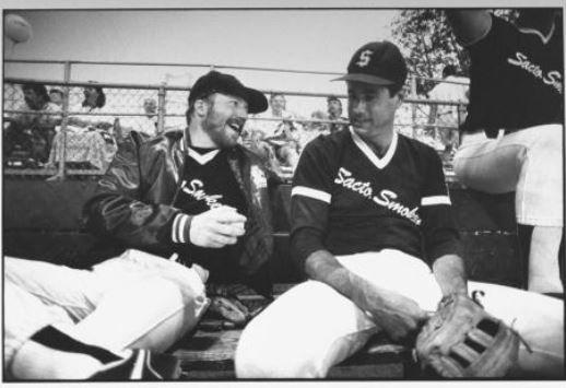 Timothy Busfield (Field of Dreams) chatting on the bench with ex big leaguer Steve Brown