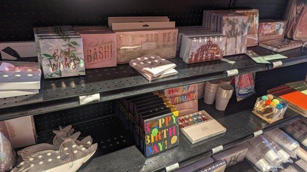 Shelves adorned with fun party decor