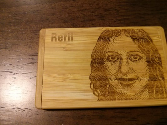 Business card holder with laser etched portrait, custom project by Deerfield River Laser