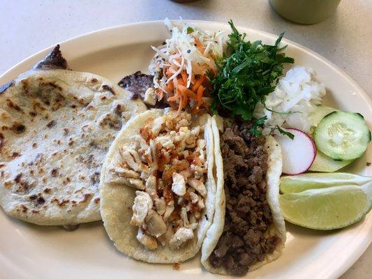 Bean & cheese papusa, tacos pollo & asada.