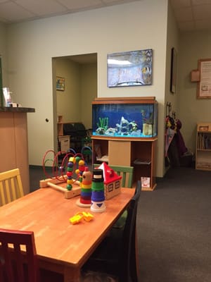 Waiting area.  Lots of toys and the room on the left is the "contagious room" so that really sick kids are separated.