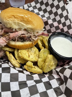 Smokey Que sandwich with fried pickles