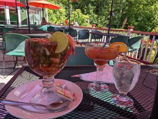 Shrimp cocktail appetizer and tamarind margarita