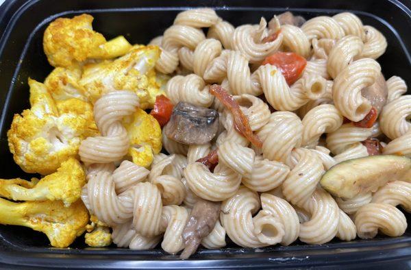 Roasted vegetable pasta salad & tumeric cauliflower with vegan chimichurri aioli