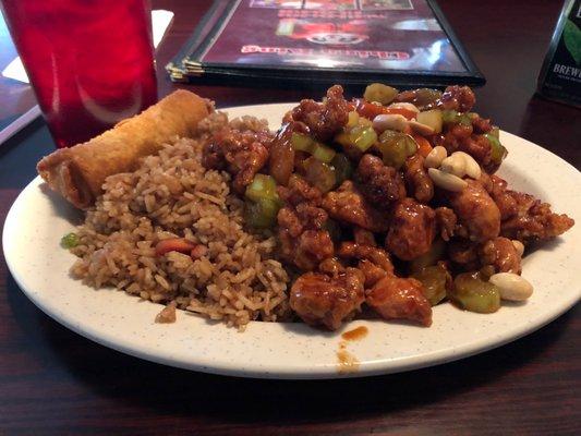 Kung Pao Chicken (dinner menu &8.25) comes with fried rice and egg roll.