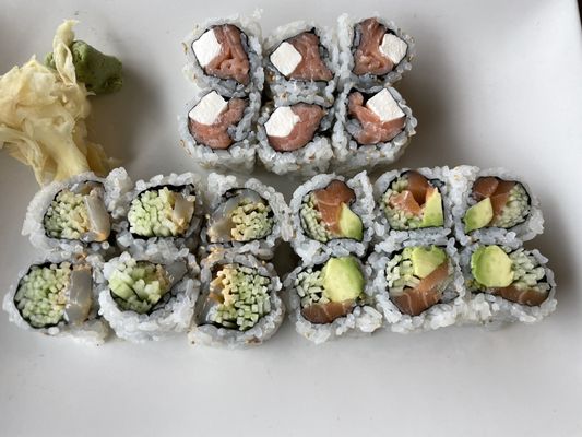 Philadelphia Roll, Alaskan Roll, Spicy Scallop & Cucumber Roll