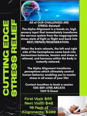 All of our challenges are stress related.  Drop in today for instant stress relief, brain and body balance and nervous system regulation.$40