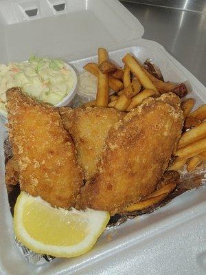 Beer battered fish and chips. Served with house made coleslaw, Idaho fries and tartar sauce.