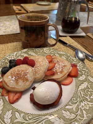 One of the breakfasts , poached eggs and sourdough pancakes. Not pictured are the warm raspberry muffins we had daily.