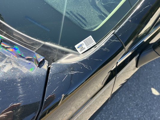 Damages to paint and clear coat up over hood and ont windshield