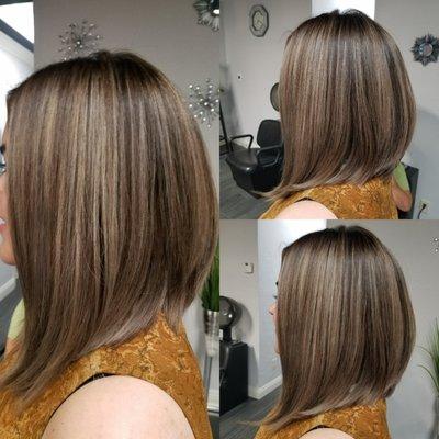 Mushroom brown haircolor and long bob haircut.