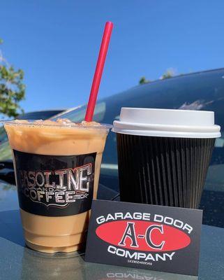 Iced dirty hand caramel macchiato... Hot Americano served along with American Classic Door Company.