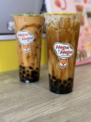 Drink in the front is Hoshi Hokkaido Milk tea with boba and drink in back is Thai tea (blended) with bona.