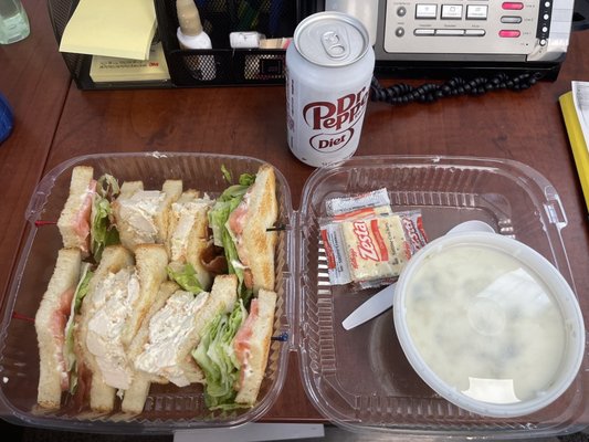 Lunch special chicken salad club. Comes with soup and a soda.