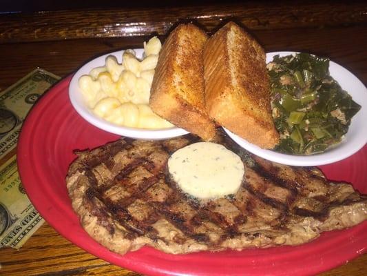 10oz Ribeye steak. Served with Mac & cheese and collard greens.